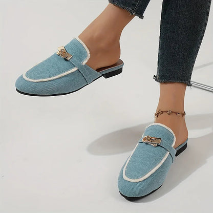 Alloy Buckle Decor Fur Trim Round Toe Denim Mules