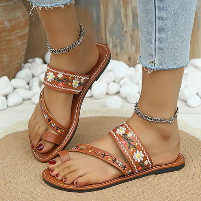 Casual Vacation Floral Embroidery Seam Toe Ring Slippers