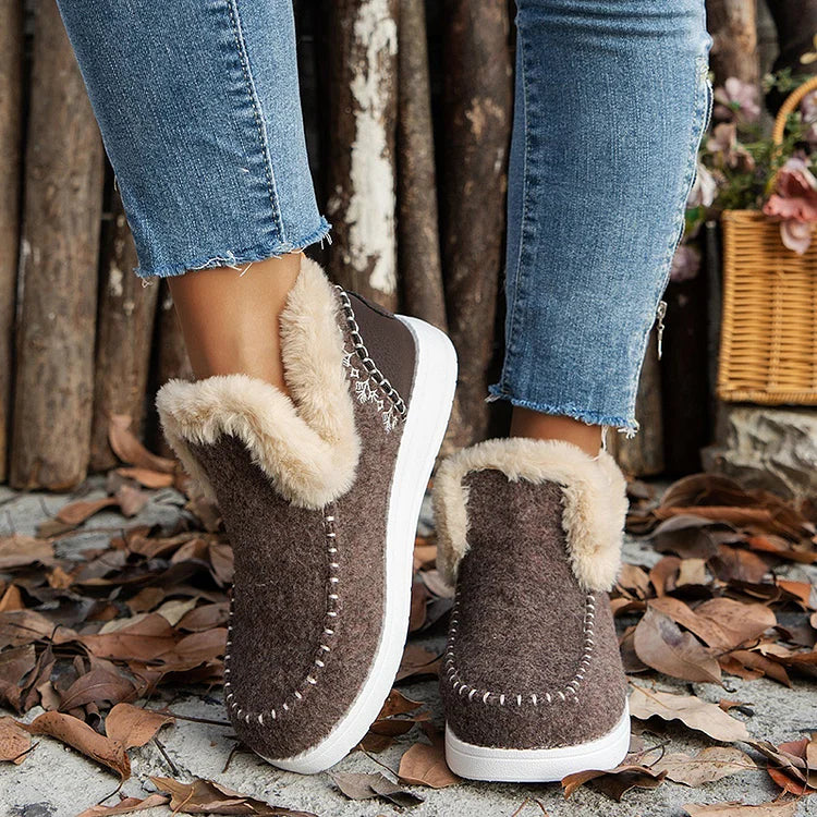 Fluffy Trim Stitch Detail Patchwork Round Toe Snow Boots