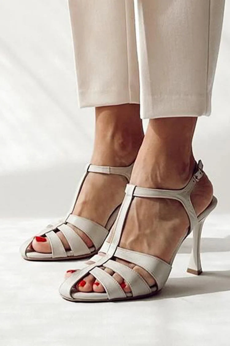 Hollow Out T-Strap Closed Toe Buckle White Stiletto Heels [Pre Order]
