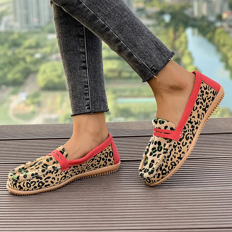 Leopard Print Colorblock Patchwork Round Toe Loafers