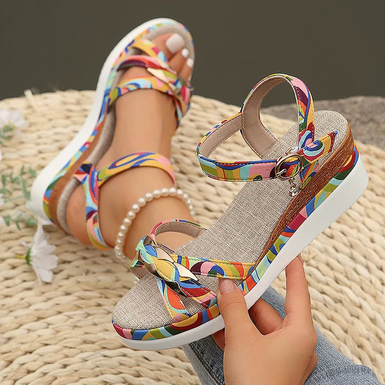 Colourful Swirl Print Alloy Buckle Ankle Strap Platform Wedge Sandals