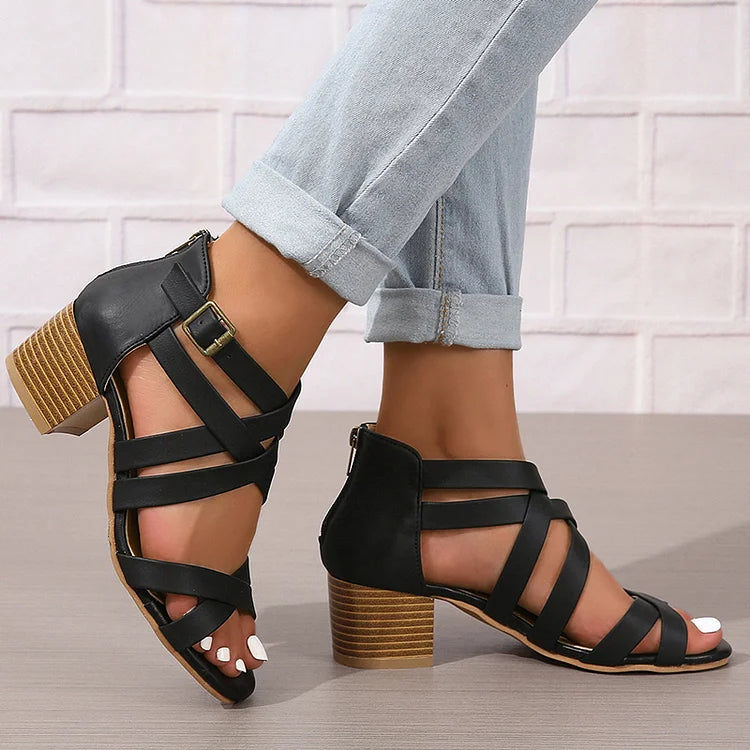 Multi Cross Straps Back Zipper Casual High Heel Sandals