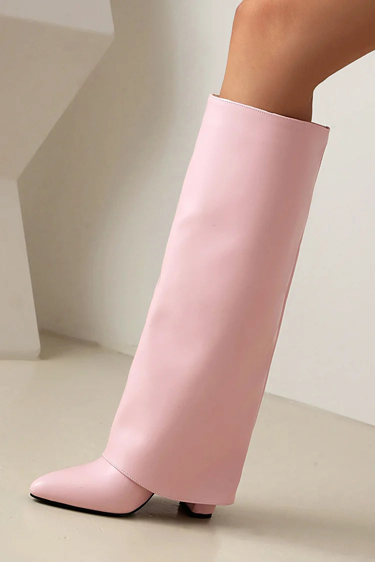 Fold Over Solid Color Pointed Toe Chunky Heel Knee High Boots