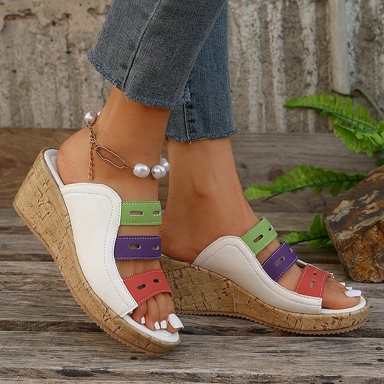 Color Block Quilted Hollow Out Peep Toe Wedge Slippers