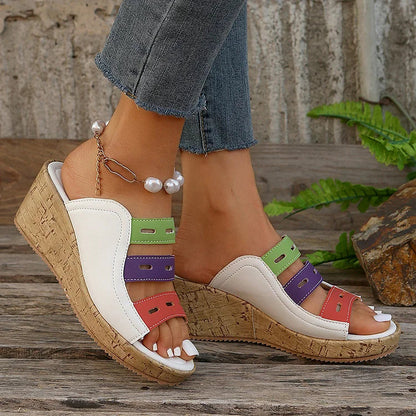 Color Block Quilted Hollow Out Peep Toe Wedge Slippers