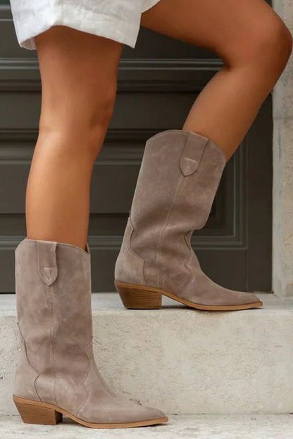 Solid Color Patchwork Pointed Toe Taupe Mid Boots [Pre Order]