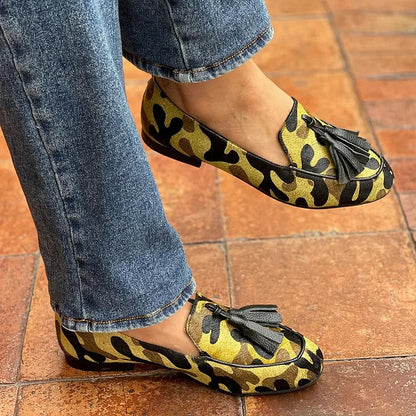 Camo Print Round Toe Tassels Decor Yellow Loafers [Pre Order]