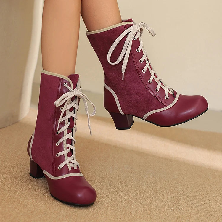 Contrast Trim Patchwork Lace Up Round Toe Chunky Heel Mid Boots