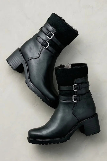 Two Strap Buckle Patchwork Chunky Heel Black Snow Boots [Pre Order]