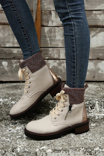 Patchwork Zipper Round Toe Chunky Heel Lace Up Ankle Boots