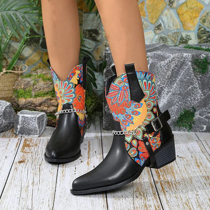 Roses Skull Print Chain Decor Pointed Toe Chunky Heel Ankle Boots