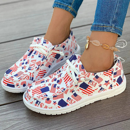 Round Toe Casual Colorblock Star Stripe Flag Print Lace Up Sneakers