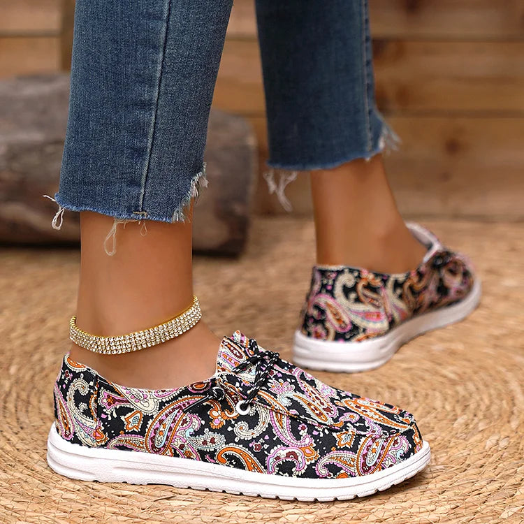 Canvas Paisley Print Round Toe Lace Up Flat Sneakers