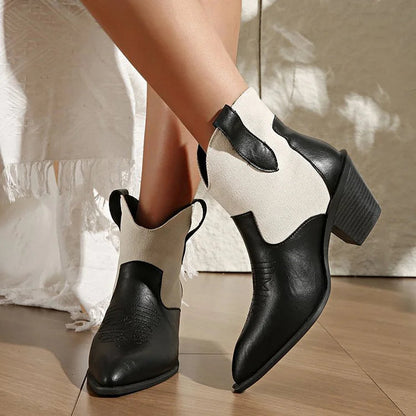 Colorblock Stitch Detail Pointed Toe Chunky Heel Mid Boots