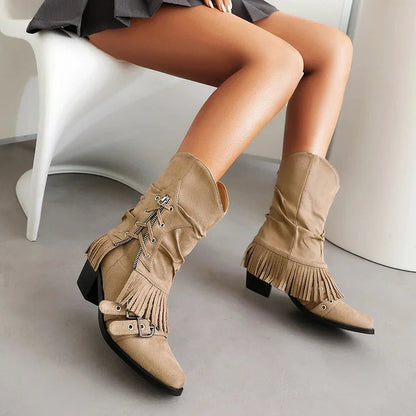 Fold Over Fringed Trim Zipper Pointed Toe Chunky Heel Western Boots