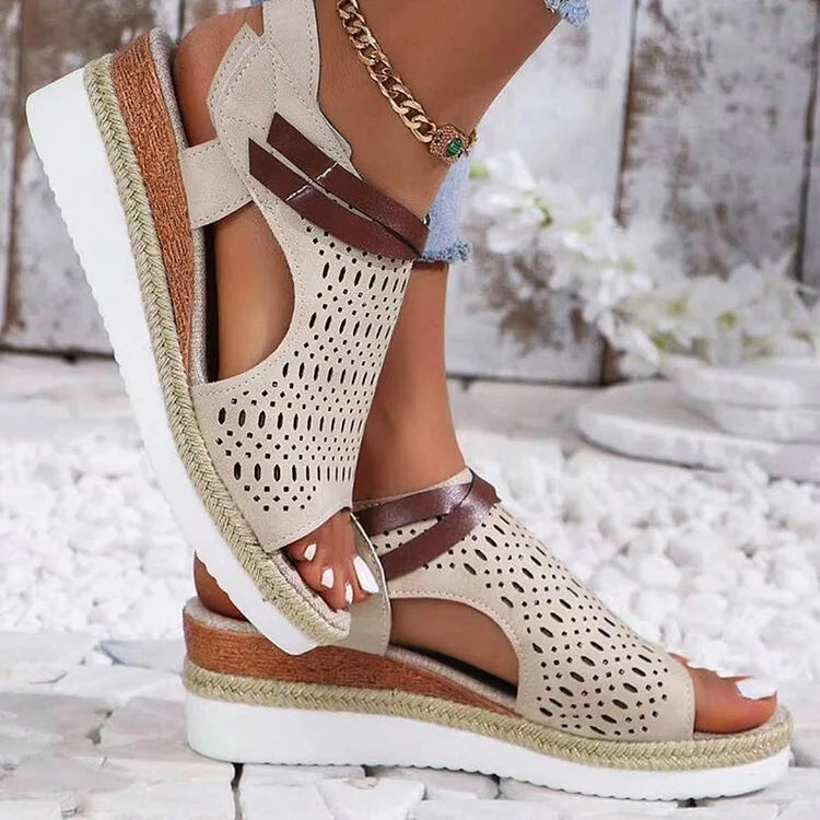 Hollow Out Cross Strap Magic Stick Closure Peep Toe Straw Wedge Sandals