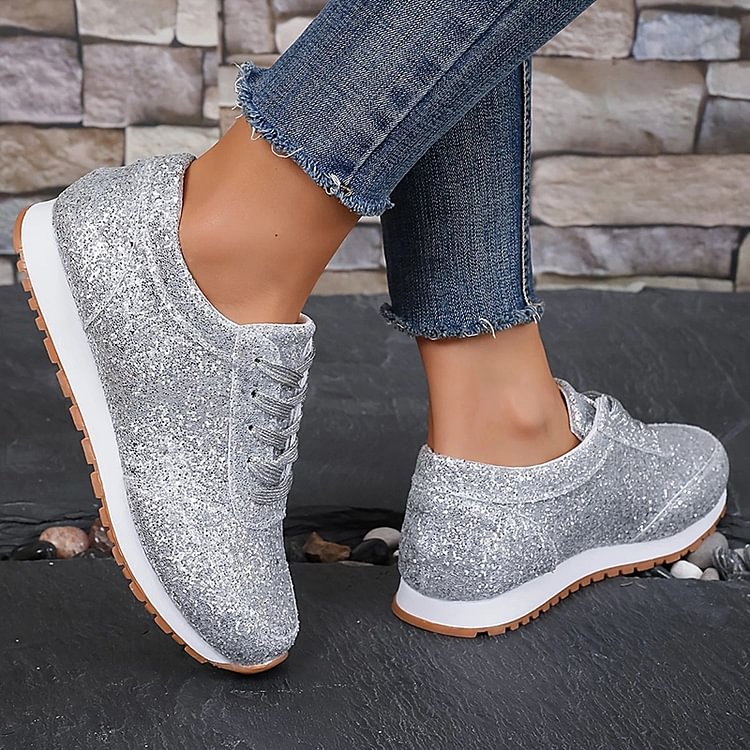 Fashion Glitter Sequin Lace Up Round Toe Solid Sneakers