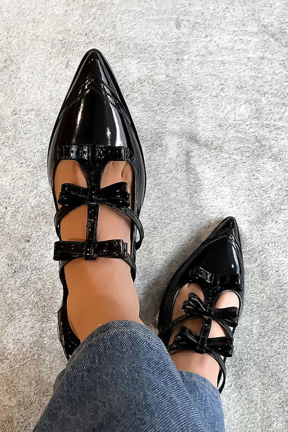 Bow Decor Pointed Toe Slingback Black Chunky Heels [Pre Order]