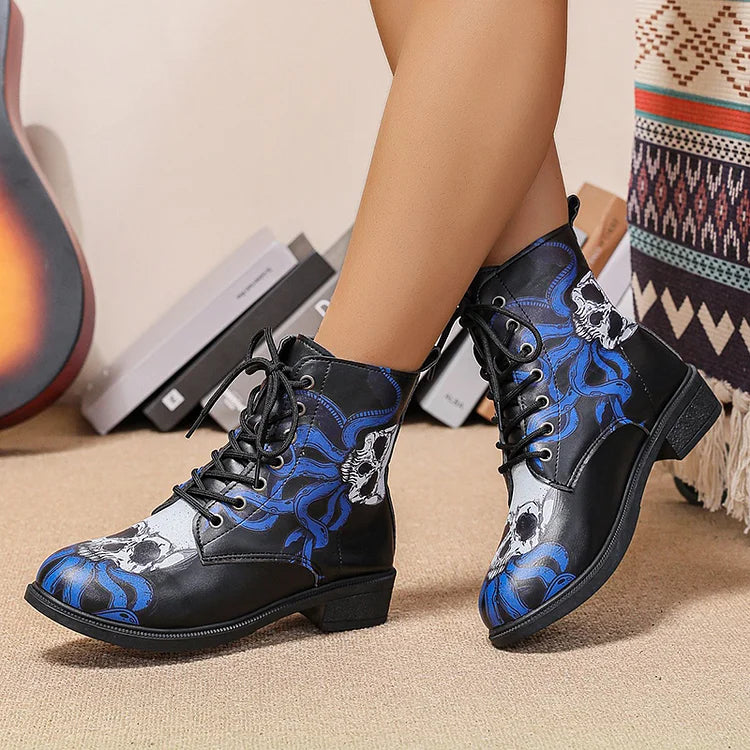 Halloween Skull Octopus Print Lace Up Round Toe Ankle Boots