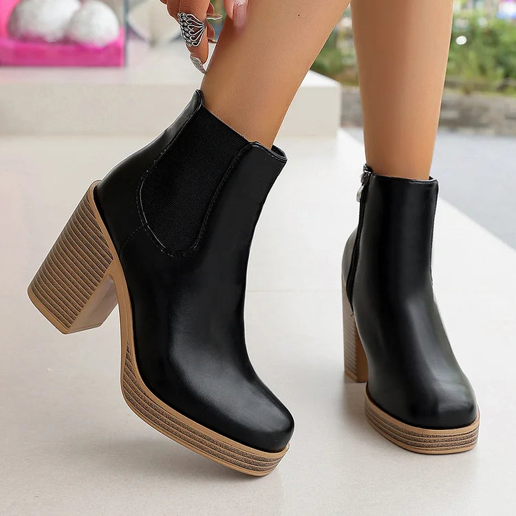 Zipper Patchwork Round Toe Chunky Heel Ankle Boots