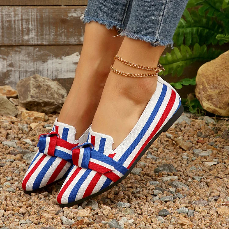 Knotted Colorblock Striped Pointed Toe Slip On Flats