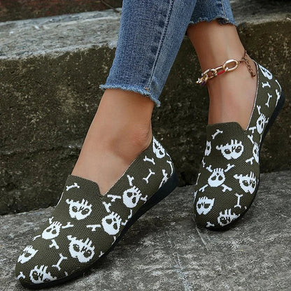 Halloween Skull Pattern Print Round Toe Slip On Loafers