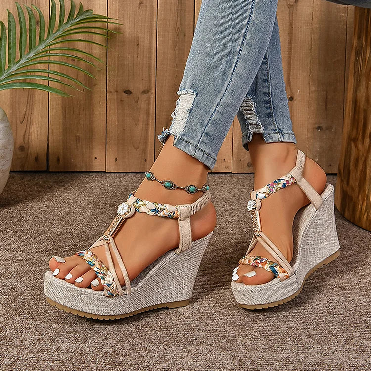 Rhinestone Floral Print Woven Strap Elastic Band Platform Wedge Sandals