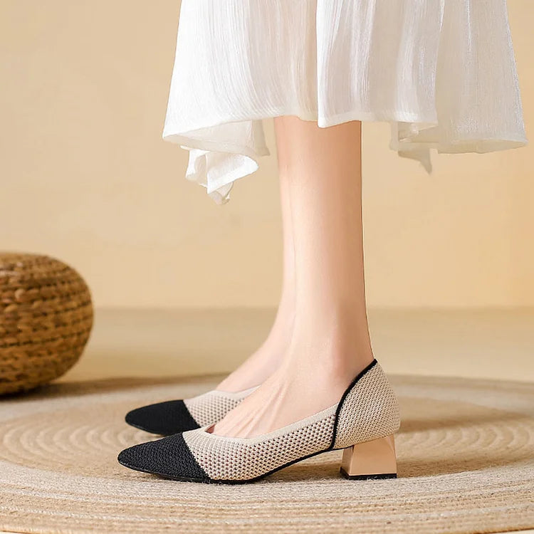 Knit Mesh Color Block Pointed Toe Elegant Chunky Heels
