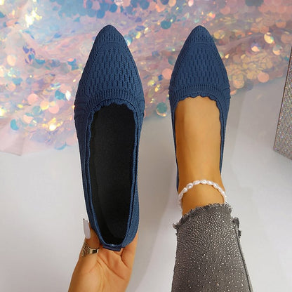 Knitted Solid Color Pointed Toe Patchwork Slip On Flats