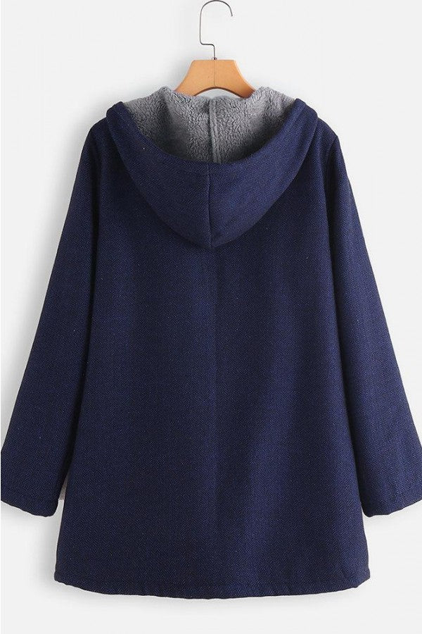 Solid Color Hooded Zipper Long Sleeves Fleece Warm Coat