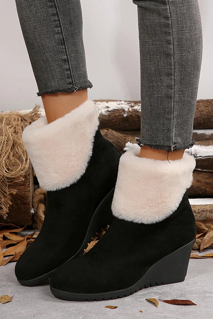 Fluffy Trim Round Toe Zipper Wedge Heel Snow Boots