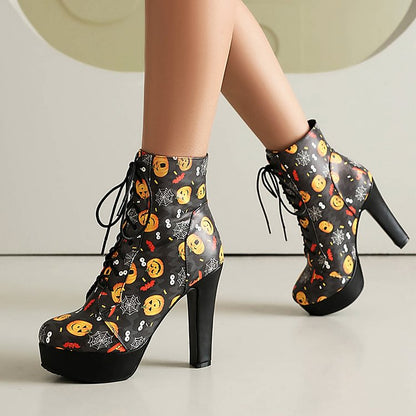 Halloween Scary Pumpkin Print Chunky Heel Lace Up Ankle Boots