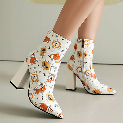 Halloween Pumpkin Skull Print Pointe Toe Chunky Heel Ankle Boots