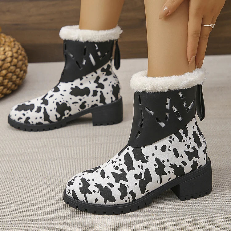 Fuzzy Cow Print Hollow Out Patchwork Round Toe Snow Boots