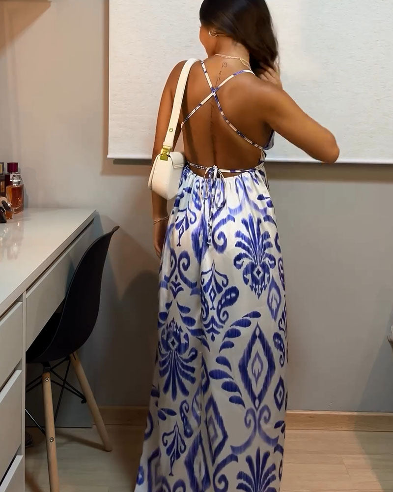 V-neck backless printed maxi dress