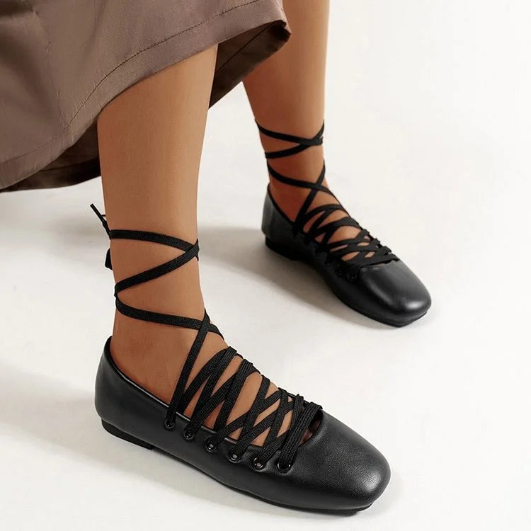 Crossover Lace Up Solid Color Square Toe Elegant Flats