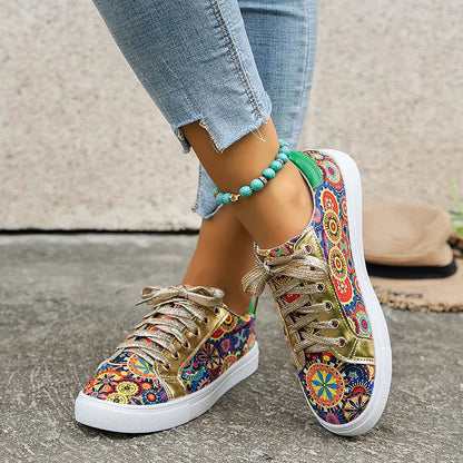 Multicolor Boho Pattern Print Patchwork Round Toe Lace Up Sneakers