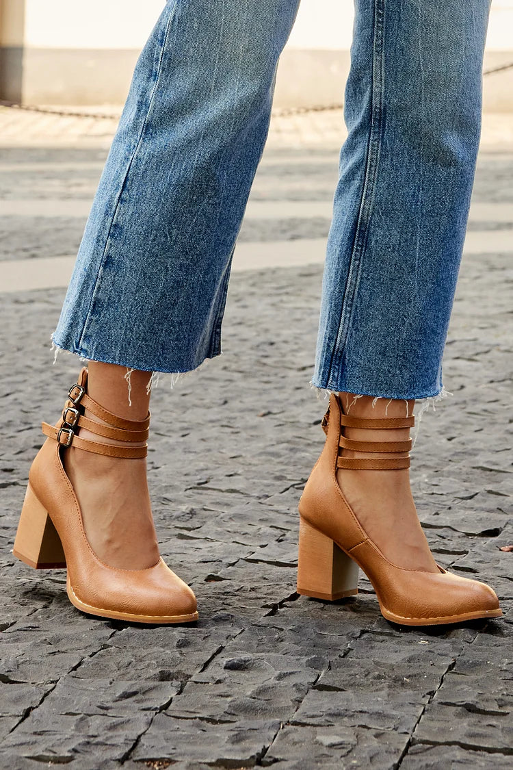 Casual Ankle Straps Buckles Plain Chunky Heels