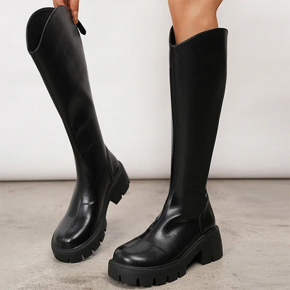 Solid Color Patchwork Zipper Round Toe Chunky Heel Knee High Boots