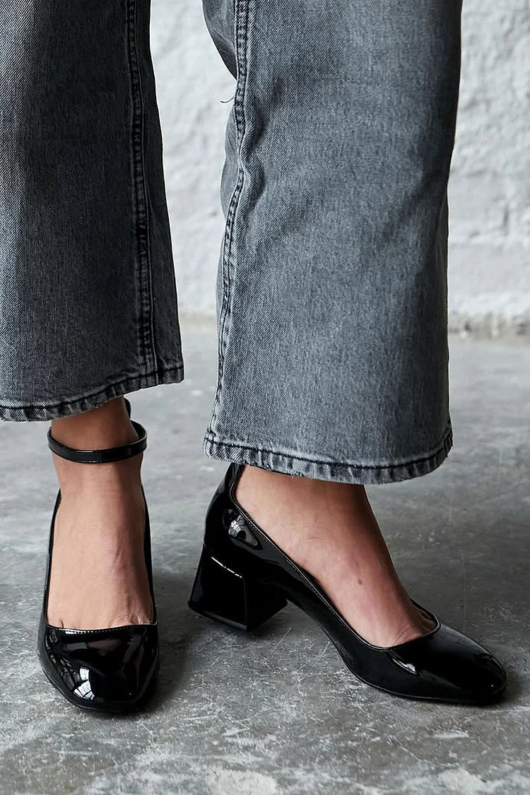 Ankle Strap Buckle Plain Round Toe Black Chunky Heels