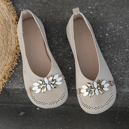 Metal Rhinestone Flower Decor Round Toe Low-Top Breathable Flats