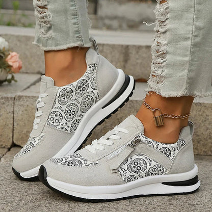 Halloween Skull Pattern Print Zipper Decor Lace Up Sneakers