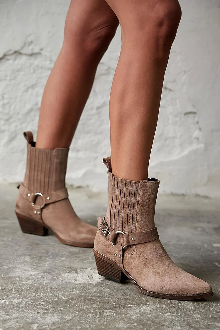 Patchwork Pointed Toe Chunky Heel Brown Western Boots [Pre Order]