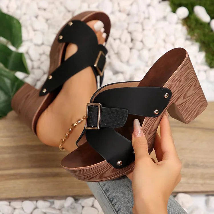 Studded Buckle Cross Belt Wood Grain Platform Wedge Chunky Heels