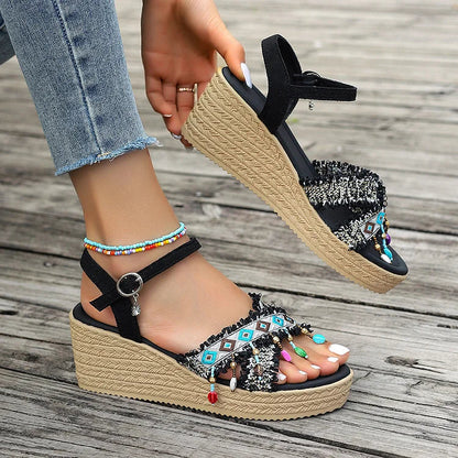 Ethnic Pattern Beaded Pendant Hanging Fringe Ankle Strap Wedge Sandals