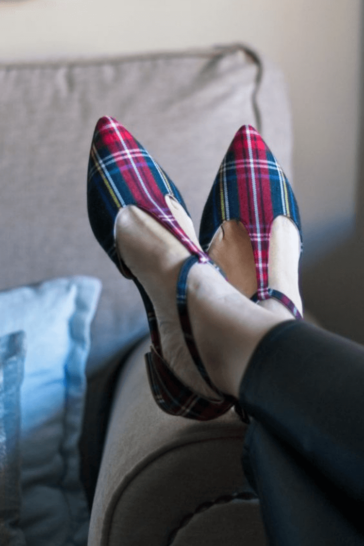 Plaid T-Strap Pointed Toe Flats