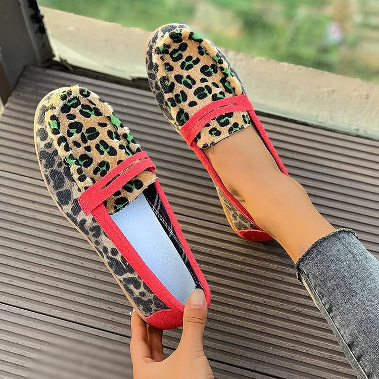 Leopard Print Colorblock Patchwork Round Toe Loafers