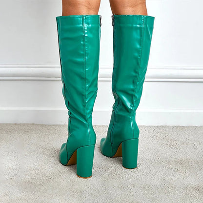 Patchwork Chunky Heel Solid Color Zipper Pointed Toe Knee High Boots