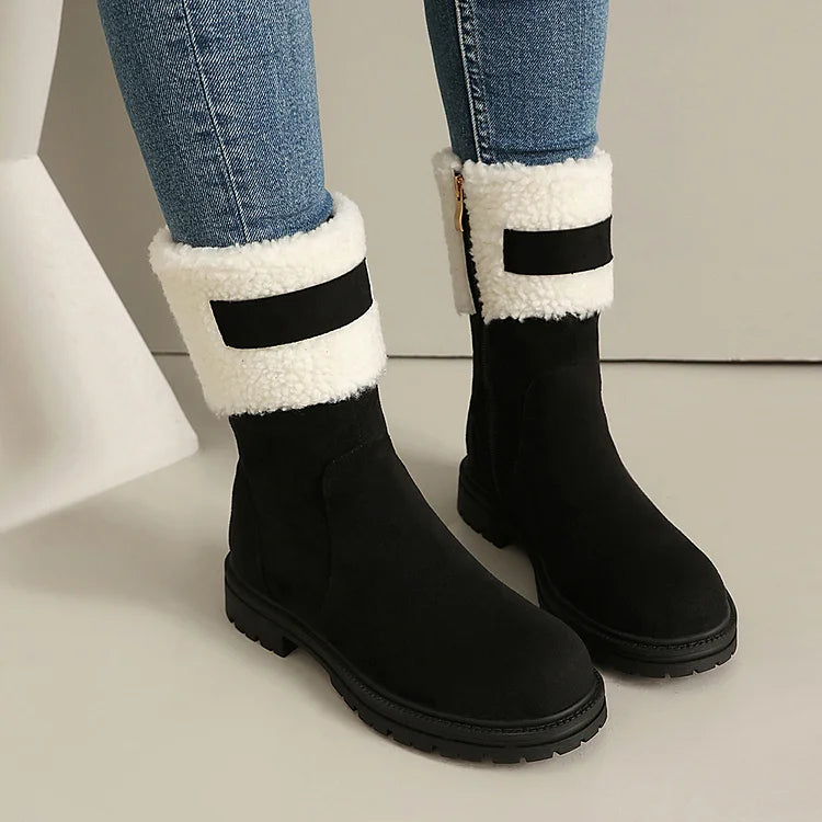 Colorblock Faux Fur Trim Patchwork Zipper Round Toe Mid Boots